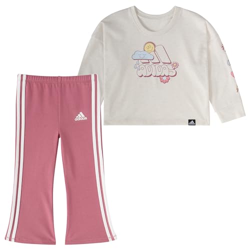 adidas Girls' 2-Piece Long Sleeve Graphic Tee & Flare Pant Set, Oatmeal Heather Pink, 12M