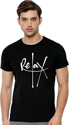 Image of Men's White T-Shirt with Black 'Relax' Print, Cotton
