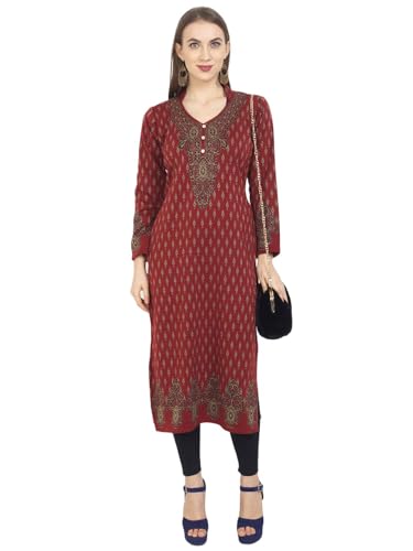 Image of Rosary Women's Winter Wear Jacquard Woolen Straight Kurti with 2 Side Pockets