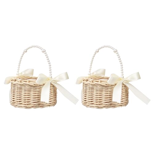 2 Stück Wicker Rattan Blumenmädchen Korb Blumenkorb mit henkel und Schleife Hochzeit Blumenmädchen Weidenkorb klein