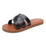 Athlefit Women's Flat Sandals Summer Casual Slip On Leather Slide Sandals Black Size 8