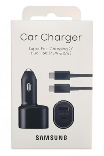 LEOM Fast Car Charger for Samsung Super Fast Dual Car Charger (45W+15W) Dual Ports USB-C & USB-A - Black - EP-L5300XBEGWW