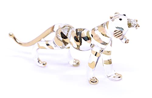 4" Long Blown Glass Tiger Figurine - Collectible Safari Animals - Clear Crystal Handcrafted Miniature - Gold Painted White Bengal Tiger Decor Gifts #TOP4