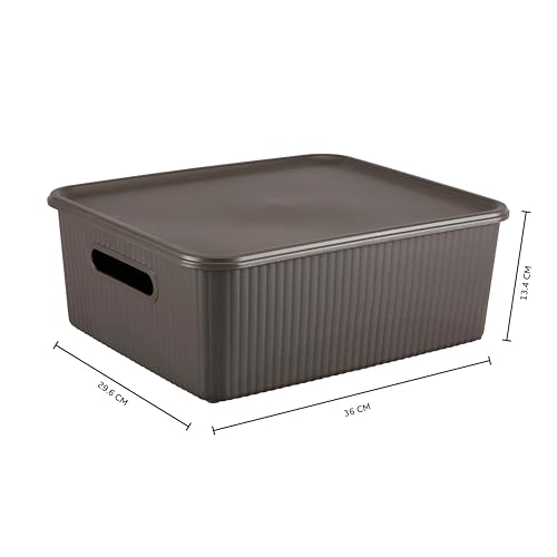 Image of Kolorr Ribbed Baskets Medium Pack of 1 With 1 Standard Lid (Non-Airtight Loose-Fit Cover) Multipurpose Plastic Storage Baskets For Cloths Wardrobe Home Kitchen & Livingroom I Dark Brown