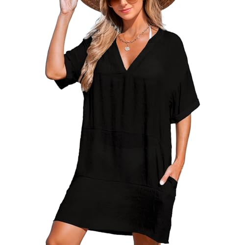 Joyesplay Strandkleid Damen Sommer, Bikini Cover Up Strandtunika Strandkleider V-Hals Atmungsaktiv Tunika Blusenkleid (DE/NL/SE/PL, Alphanumerisch,...