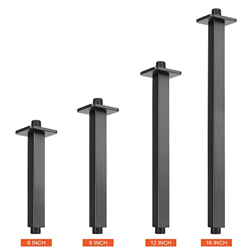 Image of Ceiling Mounted Shower Arm, Rain Shower Square Extension Arm with Flange and Teflon Tape Stainless Steel Ceiling Mount Shower Extender (16 Inch, Matte Black)