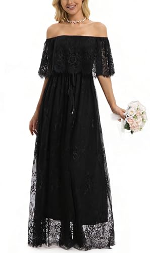Image of HOYISHION Women's Off The Shoulder Floral Lace Maxi Dress White Bridesmaid Wedding Party Maternity Photoshoot Long Dresses