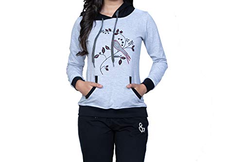 Image of Women's Embroidered /Printed Cotton Hooded Full Sleeve Grey Top and Black Capri Set (Medium)