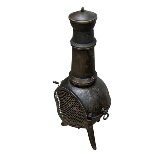Gusseisen Terrassenofen | Gartenkamin Aztekenofen Feuerstelle | Premium Bronze-Effekt | mit Funkenschutz | Große Kapazität | Garten Outdoor Terrasse [INKL. Schürhaken, Regenschutz & BBQ Grillrost]