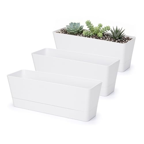 Image of GREANER Flower Boxes, 3 Pack 12x3.8 Inch Rectangle Window Boxes, Herb Planters with Tray, Indoor Succulent Cactus Flowers Plastic Drawable Pot for Windowsill, Garden, Balcony, Office Outdoor (White)