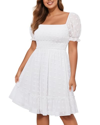 Plus Size Square Neck Graduation Summer Casual Sundress Chiffon Swiss Dot Ruffle Flowy Short Smocked Dress 2024