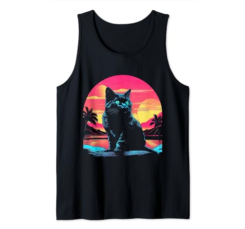 Gato Tropical Sunset Beach Estilo Retro Camiseta sin Mangas