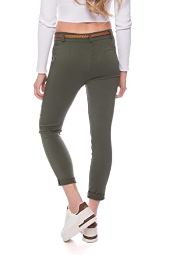 Kendindza Chino Damen Hose Stretch mit Gürtel Stoffhose Damen elegant lang (L, Khaki)