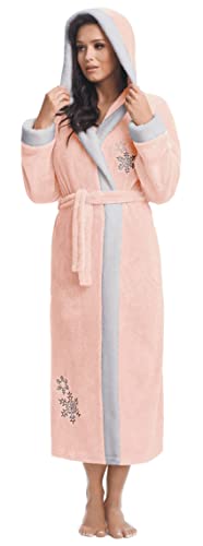 LEVERIE Damen langer Bademantel (made in EU) in tollem Design, Gr. M, lachs-Schneeflocken
