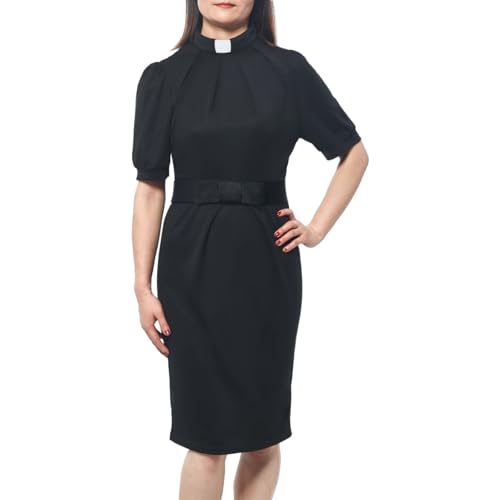 Women's Clergy Dress Short Sleeve Pencil Dress Tab Insert Collar Priest Clergy Dresses with Belts3