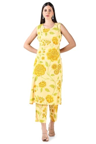 Image of SHOWOFFFF Women Printed Two-Piece Straight Ethnic Kurta Set | Round Neck Sleeveless Cotton Kurta Set for Womens | Mid-Rise Regular Fit Calf Length Kurta Set for Women's