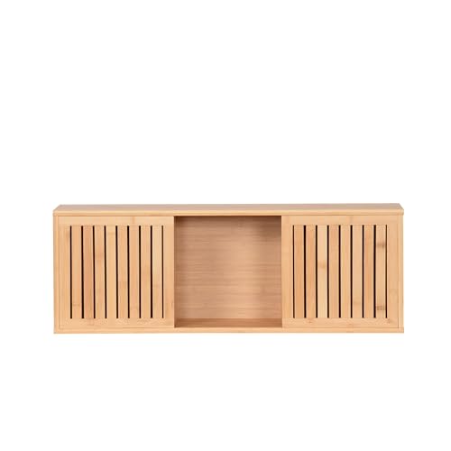 AD.CON Étagère suspendue avec portes coulissantes - Étagère murale en bambou - Étagère de salle de bain - Étagère de cuisine - Style japonais - 93 x 20...