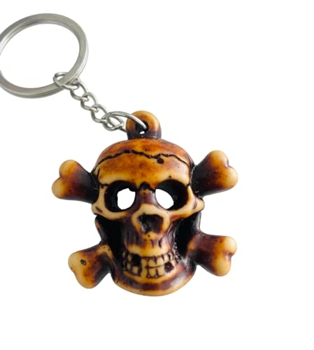 WOO MANTO Llavero de esqueleto de calavera con huesos cruzados, colgante de resina, color marrón, 4,6 × 4,5 cm aprox