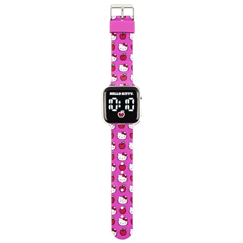 hello kitty led digital watch for kids  light up display pink silicone strap with apple print adjustable for wrist size 5534 to 834 easy touch activation official sanrio girls watch