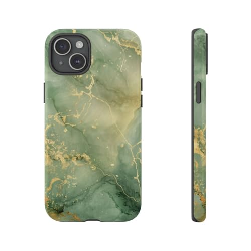 Coque iPhone 15 Plus rigide marbre vert et doré avec finition brillante