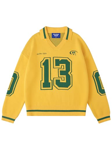 Aelfric Eden Graphic Polo Sweater Women Oversized V Neck Knit Sweaters Y2k Long Sleeve Pullover Vintage Number Sweater Tops