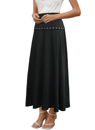 Womens Maxi A Line Elastic High Waist Skirts 2025 Trendy Eyelets Comfy Flare Long Skirts