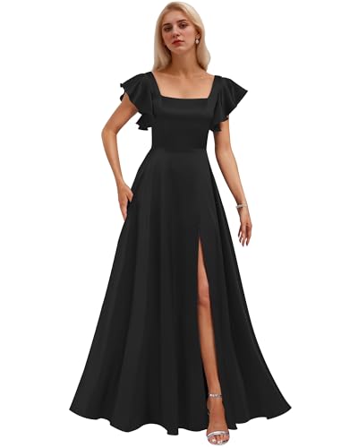 Satin Prom Dresses Short Sleeve Bridesmaid Dresses with Pockets Square Neck Formal Gowns with Slit P0100