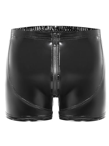 YiZYiF Men's Wet Look PVC Leather Short Solid Liquid Bulge Pouch Open Butt Boxer Shorts Hot Pants
