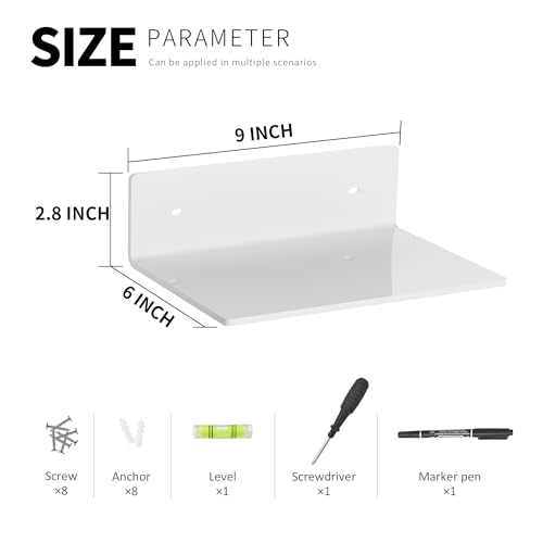 Image of Hexsohoma 9 Inches White Floating Shelves, Acrylic Wall Shelves for Living Room, Bedroom, Bathroom, Kitchen, Office, Brand Store, Retails, Gaming Room, 4 Pack