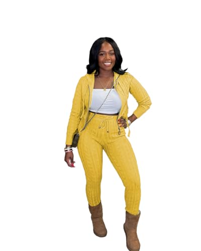 Mrskoala Women Two Piece Sets Sweater Outfits Dressy Lounge Knit Zip Up Hoodie Pant Set Yellow XXL