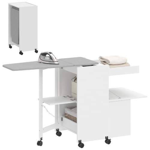 HOMCOM Meuble à repasser, table à repasser pliante sur roulettes avec repose-fer, portes par pression, charnières à fermeture douce, meuble rangement pour...