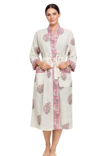 Pure Cotton Hand Block Printed Kimono Robe for Women, Handmade Bath Robe, Lightweight Spa & Loungewear, Free Size, Soft Breathable Bathrobe (IN, Alpha, Free Size, Regular, Standard, White5)