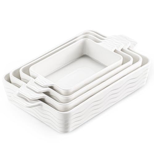 Estmoon Casserole Dishes for Oven Ceramic Baking Dishes Set of 4 Porcelain Baking Pan with Handles Rectangular Lasagna Pan for Baking Wedding Gifts Casserole Kitchen White(7.5/9/10.6/12)