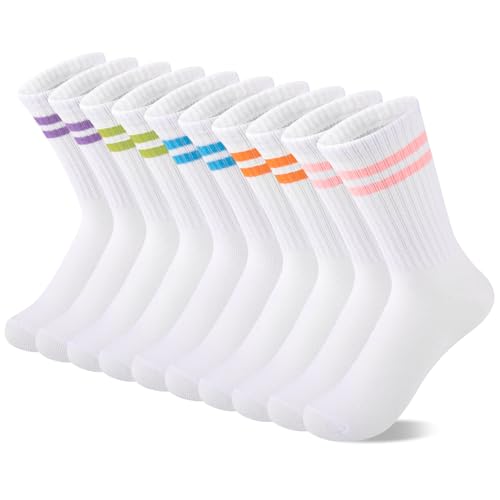 Comfoex 10 Pairs Girls Crew Cotton Socks Athletic Calf Striped Soft Casual Socks For Kids 4-6 6-8 8-10 Years Old