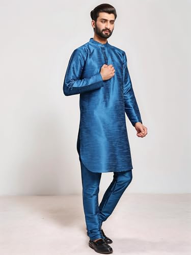 Image of SKAVIJ Men's Art Silk Solid Kurta Pyjama Set Festive Woven Design 2-Piece Ethnic Dress (KP055turquoise Turquoise L)