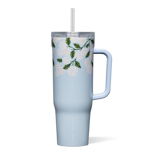 Corkcicle x Rifle Paper Co. Cruiser Insulated Tumbler with Handle & Straw - Keeps Drinks Cold 20 Hours - BPA-Free - 40 oz - Gift for Mom - Great for Mother's Day or Christmas - Gloss Blue Hydrangea