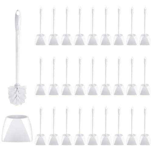 Image of FoldTier 30 Sets Toilet Holder and Brush Set 16.14 Inch Toilet Bowl Cleaner Brush with Caddy Bathroom Scrub Plastic Scrubber with Long Handle for Bathroom Cleaning, Easy to Assemble (White)