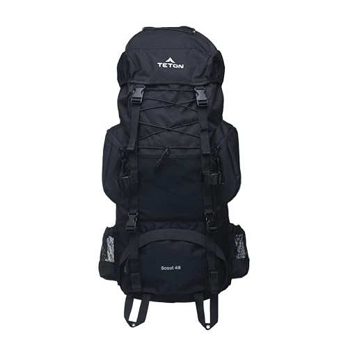 Image of Teton 45L Scout Internal Frame Backpack for Hiking, Camping, Backpacking, Travel, Rain Cover Included, Black