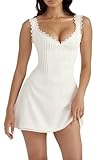 Volemo Women's Summer Mini Dress Sexy V Neck Spaghetti Strap Sleeveless Lace Trim Backless Party Club Dresses White L