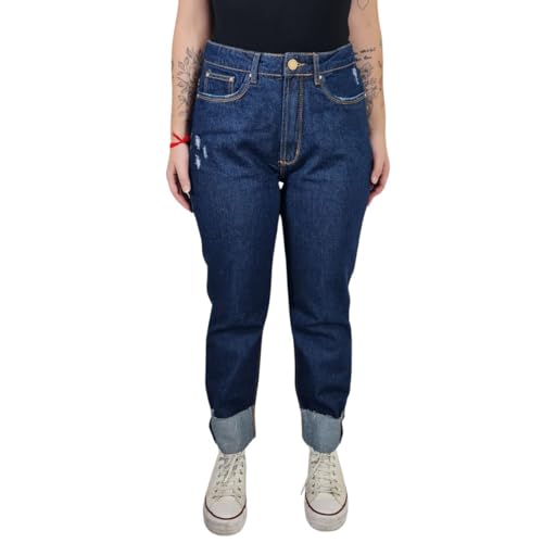 Calça Mom Jeans Super High Etiqueta Traseira Lança Perfume (BR, Numérico, 34, Regular, Regular, blue)