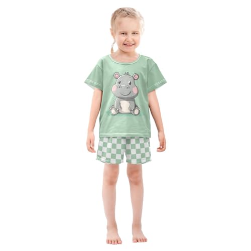 Checkerboard Plaid Cartoon Hippo Pajama Set Short Sleeve Sleepwear Soft Pajamas Shorts Sets Cotton PJS 5Y3