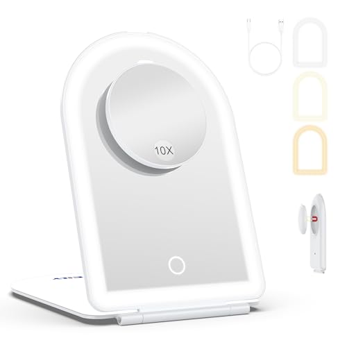 WEILY Espejo Maquillaje con Luz 1X/10X, Espejo Aumento con 3 Luces de Color, Control Táctil, Recargable Portátil Espejo para Dormitorio y Baño