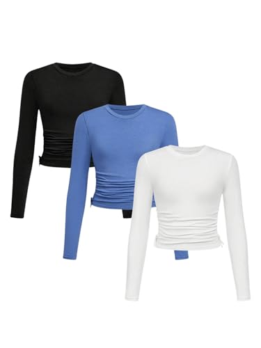 Floerns Girl's 3 Pcs Casual Crew Neck Long Sleeve Ruched T Shirts Tee Tops