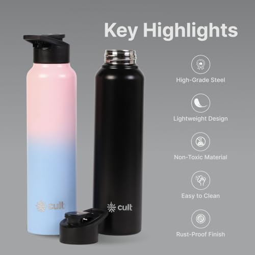 Image of CULT Stainless Steel Water Bottle 1 Litre with Sports Cap - Durable, Leakproof, Rust-Resistant, Easy to Clean, Lightweight & Portable - Ideal for Gym, Office, Travel & Outdoor Pink