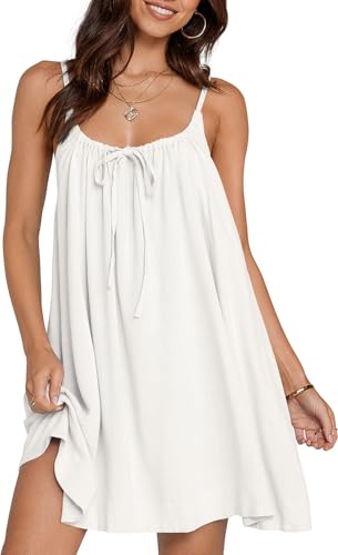 TARSE Womens Linen Mini Dress Summer Boho Sleeveless Spaghetti Backless Loose Short Sundress Casual Flowy Beach Dress with Pockets White, M