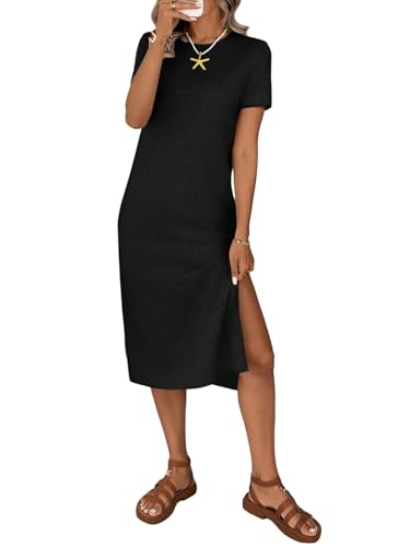 GORGLITTER Damen Kleid Kurzarm Sommerkleid T-Shirt Kleider Knielang Freizeitkleid mit Schlitz Sommer Midikleid Casualkleid Partykleid Schwarz L