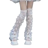 Sup-Coente Y2k Sheer Lace Leg Warmers for Women Kawaii Cute Flared Japanese Fashion Alt Scene Cutecore Long Baggy Flare Scenecore 80s Flower See Through Legwarmers Dance, White