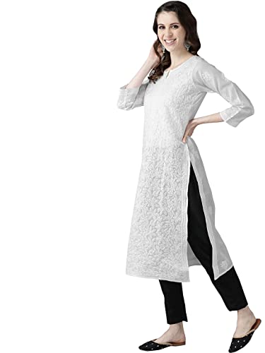 Image of Ada Women's Cotton Straight Fit Straight Hand Embroidered Lucknowi Chikankari Kurta Kurti A411165