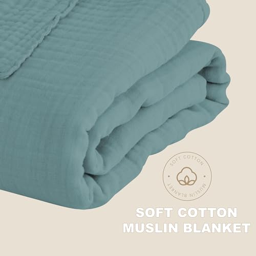 Image of Cosy Family 4 Layer Muslin Bed Blanket - Breathable and Lightweight Gauze Boho Blanket for Spring, Soft 100% Cotton Muslin Blanket, Green, 55x80 Inches