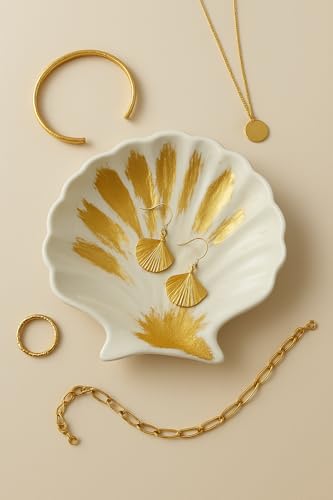 Image of TREETRUNK Handmade Concrete Shell Trinket Tray | Jewellery /Makeup /Table Organizer l Home Decor l Candle Tray | Multipurpose (9.5x9.5cm) White (Gold foil)